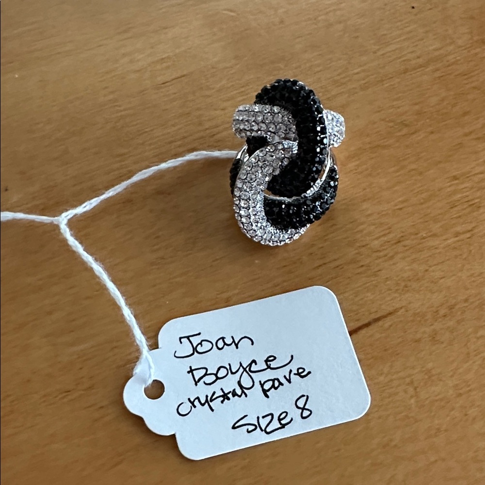 Joan Boyce Black and Silver Crystal Pave Knot Ring Size 8